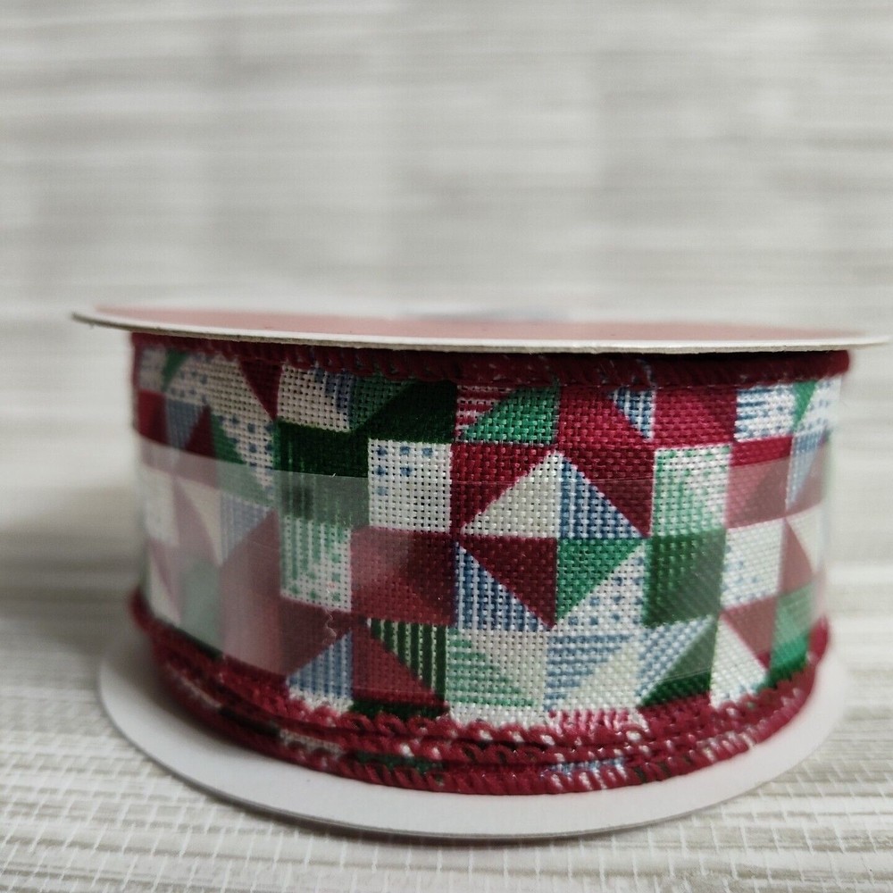 Wired Ribbon 1.5" x 30' Christmas Red Green White Triangles Geometric Pattern